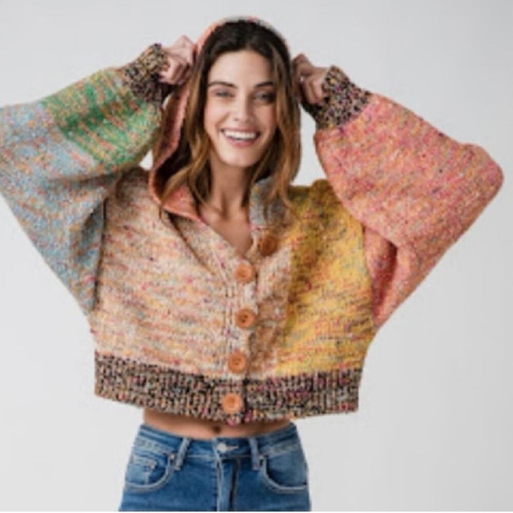 Free People Vibe Check Multicolor Cropped Hooded Cardigan